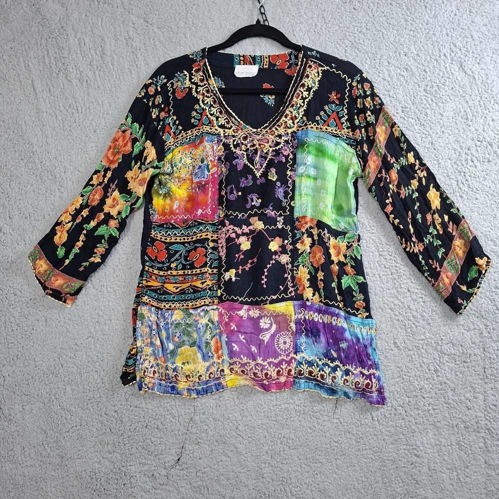 Artisan True Patchwork Top‎ S M*  3/4 Sleeve Artsy Lagenlook Boho Embroidered